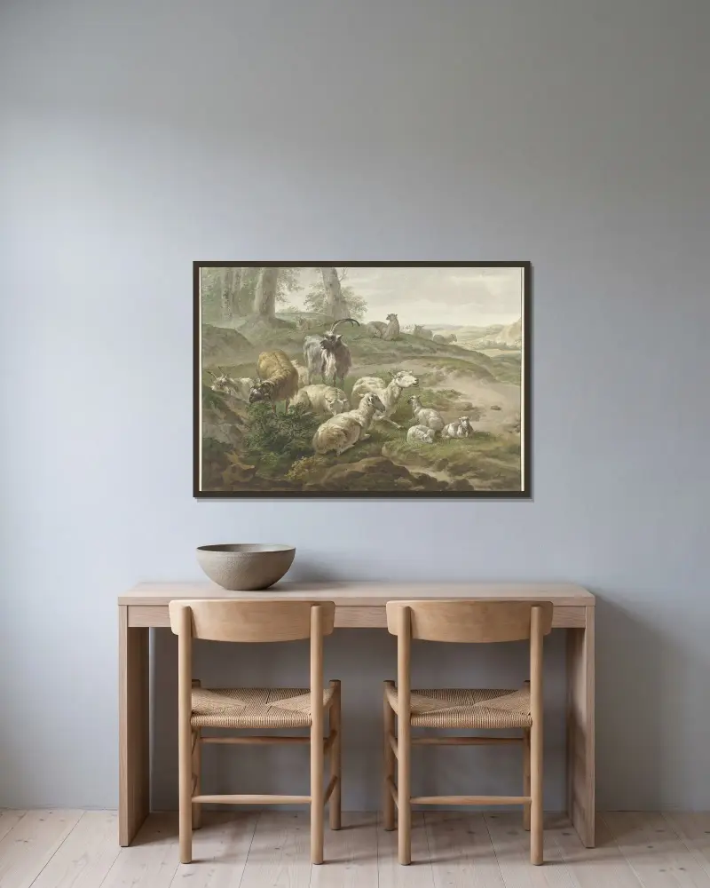Bokken en schapen in een heuvelachtig landschap , after Nicolaes Pietersz. Berchem av Wybrand Hendriks inramad på en vägg