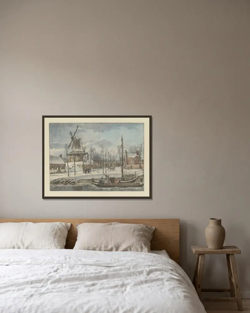 De Doelmolen, de Raampoort, de Stadswal en de huizen aan de Korte Geusestraat (nu; Wilsonsplein) vanaf de Raamgracht in de sneeuw. av Wybrand Hendriks inramad på en vägg
