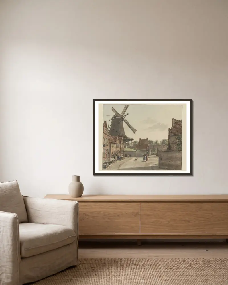 Gezicht vanuit de Bereiderstraat, tegenwoordig Sophiastraat, op de oostzijde van de Raampoort en de Doelmolen av Wybrand Hendriks inramad på en vägg