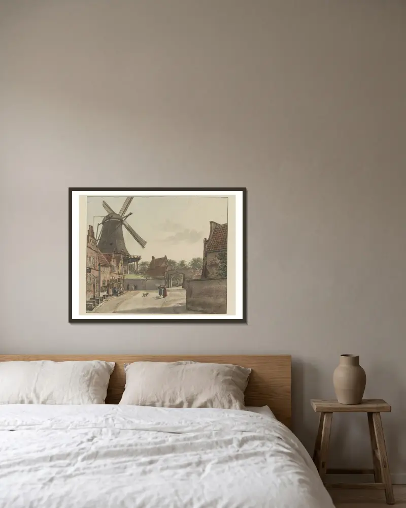 Gezicht vanuit de Bereiderstraat, tegenwoordig Sophiastraat, op de oostzijde van de Raampoort en de Doelmolen av Wybrand Hendriks inramad på en vägg