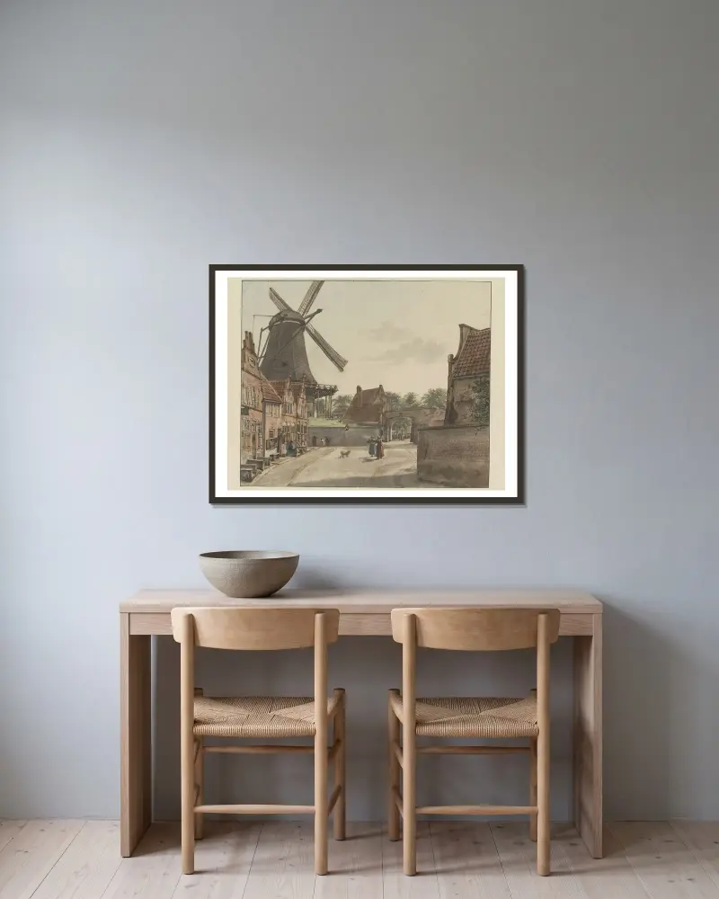 Gezicht vanuit de Bereiderstraat, tegenwoordig Sophiastraat, op de oostzijde van de Raampoort en de Doelmolen av Wybrand Hendriks inramad på en vägg