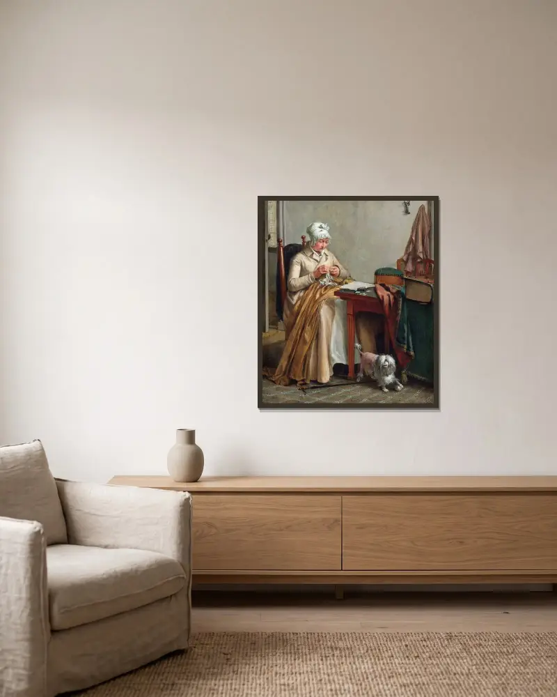 Interieur mit nähender Frau von Wybrand Hendriks gerahmt an einer Wand