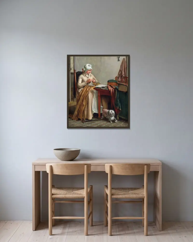Interieur mit nähender Frau von Wybrand Hendriks gerahmt an einer Wand