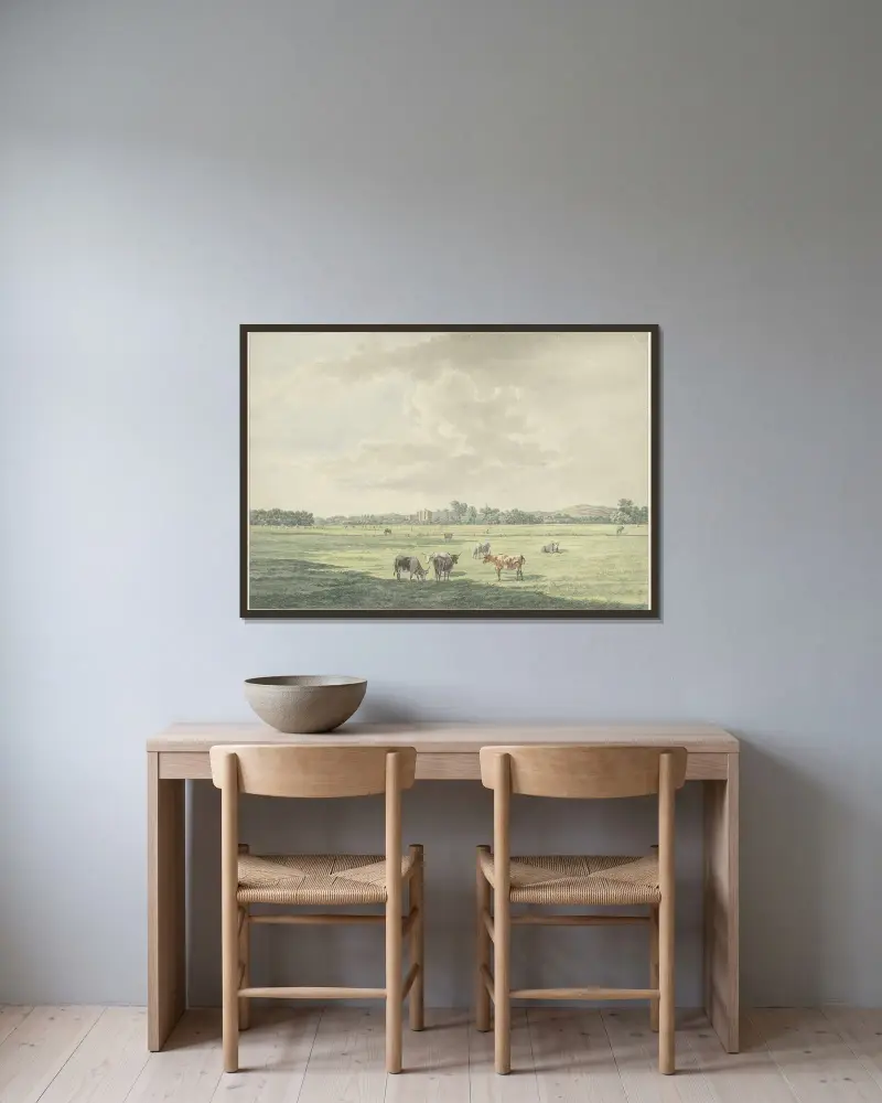 Landschap met weiland en koeien op de voorgrond en in de verte de ruIne van Brederode av Wybrand Hendriks inramad på en vägg