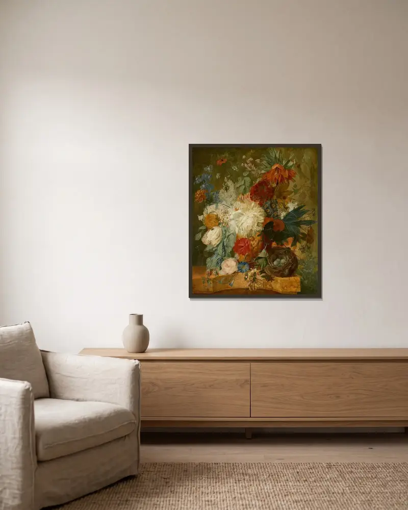 Still Life with Bouquet of Flowers and Bird’s Nest, Wybrand Hendriks v rámu na stěně