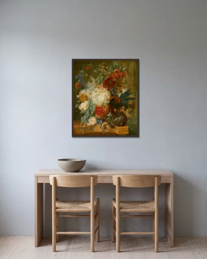 Still Life with Bouquet of Flowers and Bird’s Nest, Wybrand Hendriks v rámu na stěně