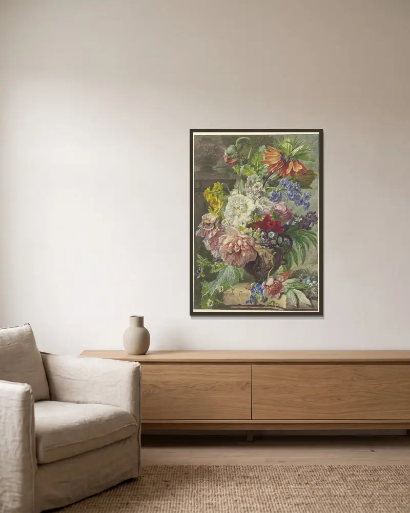 Stillleben mit Blumenstrauß und Vogelnest von Wybrand Hendriks gerahmt an einer Wand