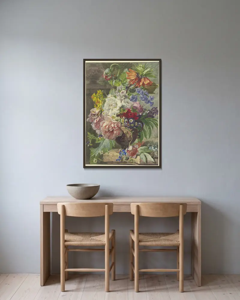 Stillleben mit Blumenstrauß und Vogelnest von Wybrand Hendriks gerahmt an einer Wand