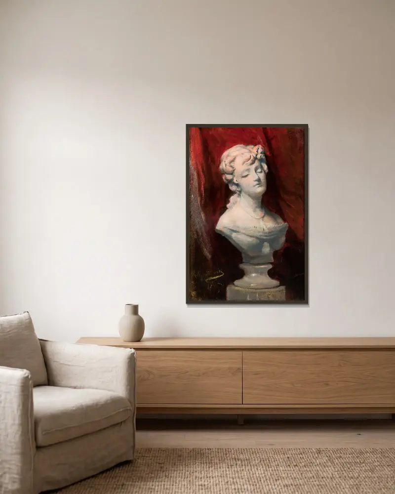 Bust of Helena Modrzejewska av Leon Wyczółkowski inramad på en vägg