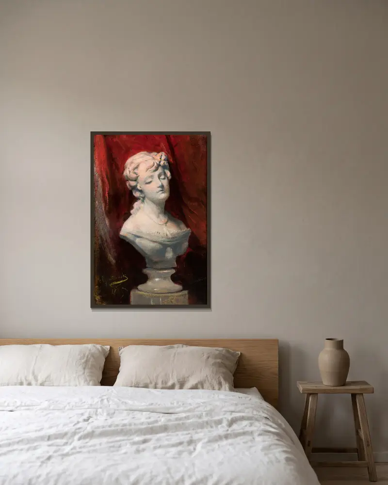 Bust of Helena Modrzejewska av Leon Wyczółkowski inramad på en vägg