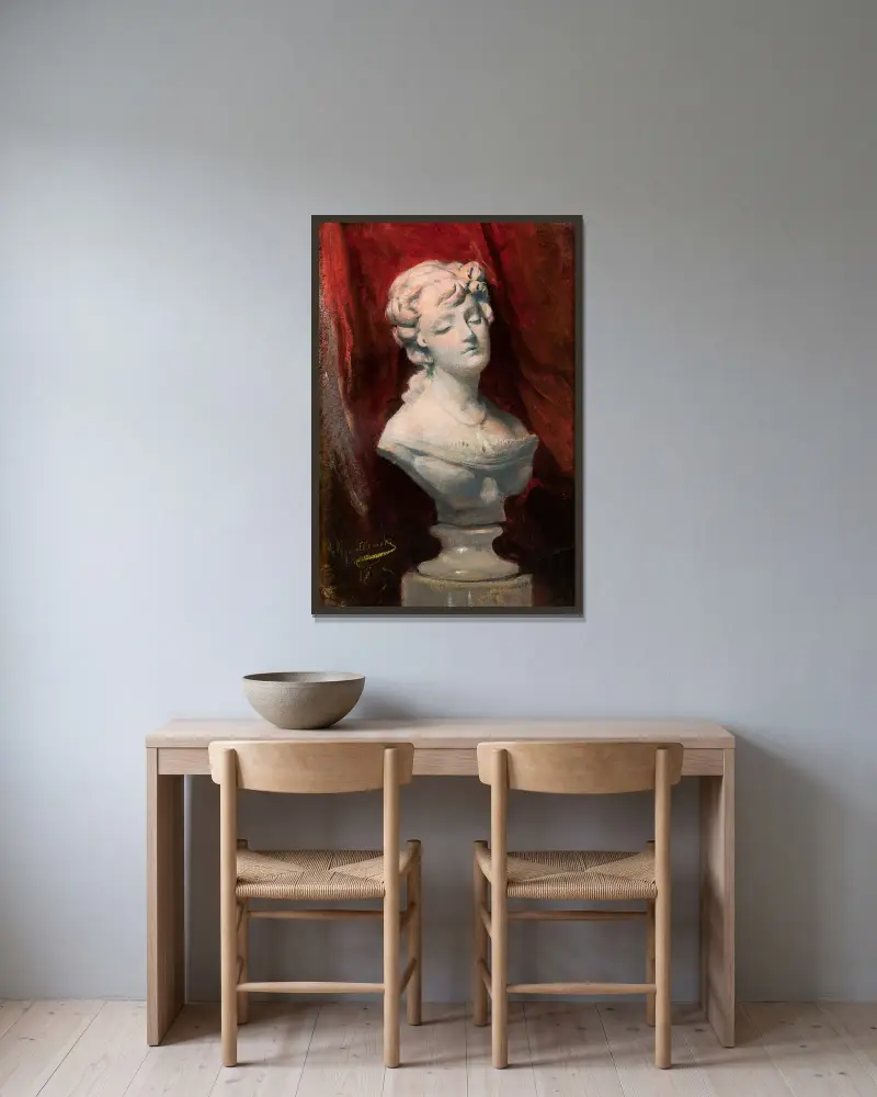 Bust of Helena Modrzejewska av Leon Wyczółkowski inramad på en vägg