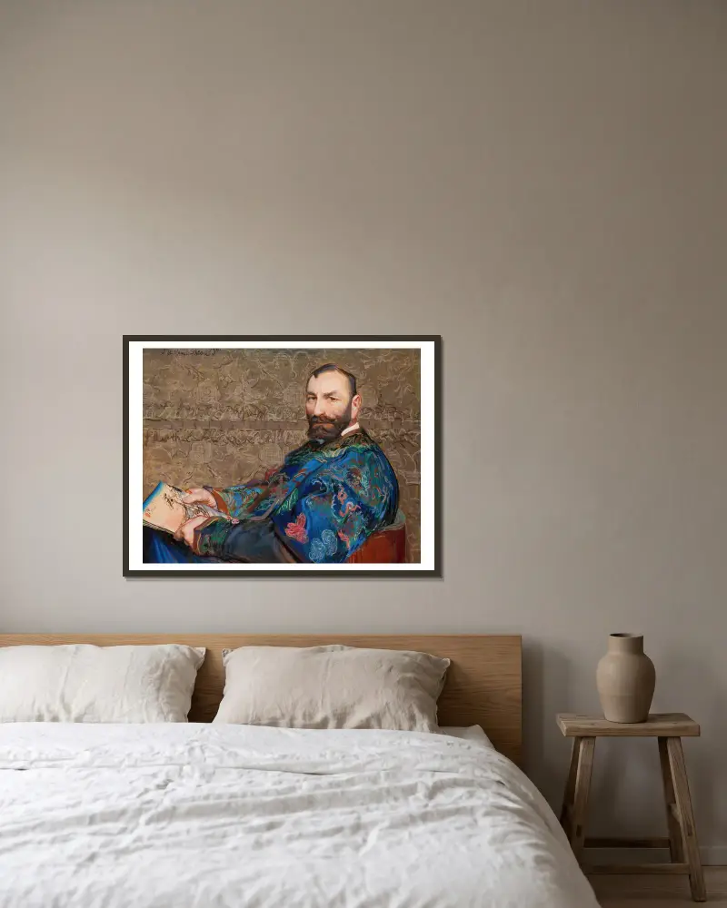 Porträtt av Feliks Jasieński i blå kaftan av Leon Wyczółkowski inramad på en vägg