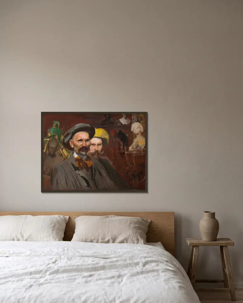 Selbstporträt mit Konstanty Laszczka von Leon Wyczółkowski gerahmt an einer Wand