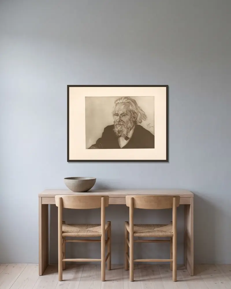 Porträtt av Władysław Mickiewicz av Stanisław Wyspiański inramad på en vägg