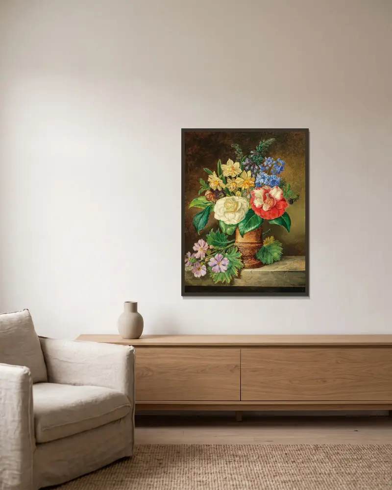 A Bouquet of Flowers with Daffodils and Camelias av Franz Xaver Petter inramad på en vägg