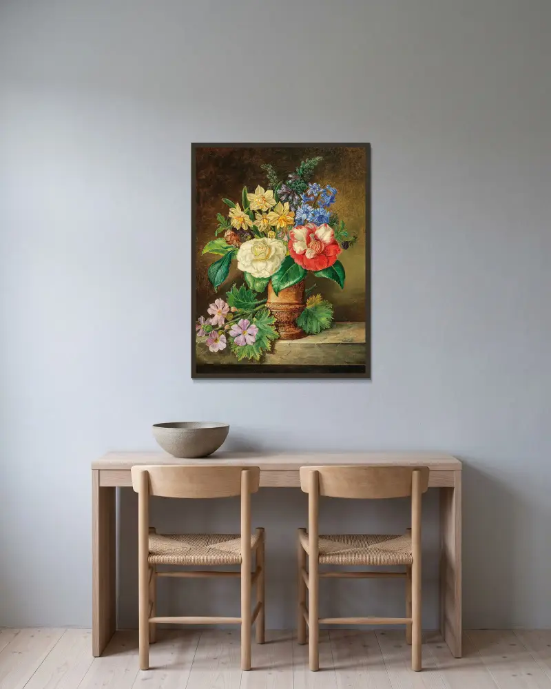 A Bouquet of Flowers with Daffodils and Camelias av Franz Xaver Petter inramad på en vägg