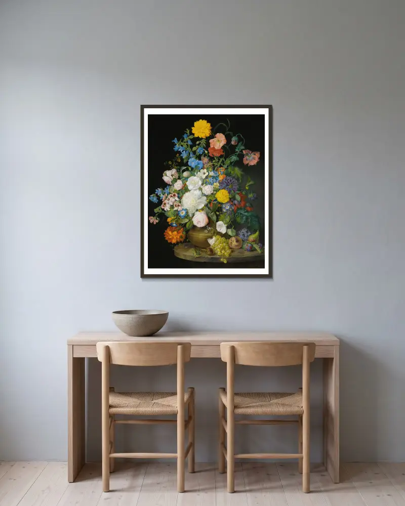 A Vase Of Camellias, Geraniums, Dahlias, A White Peony, Roses, Poppies And Other Flowers, With Fruit On A Stone Ledge av Franz Xaver Petter inramad på en vägg