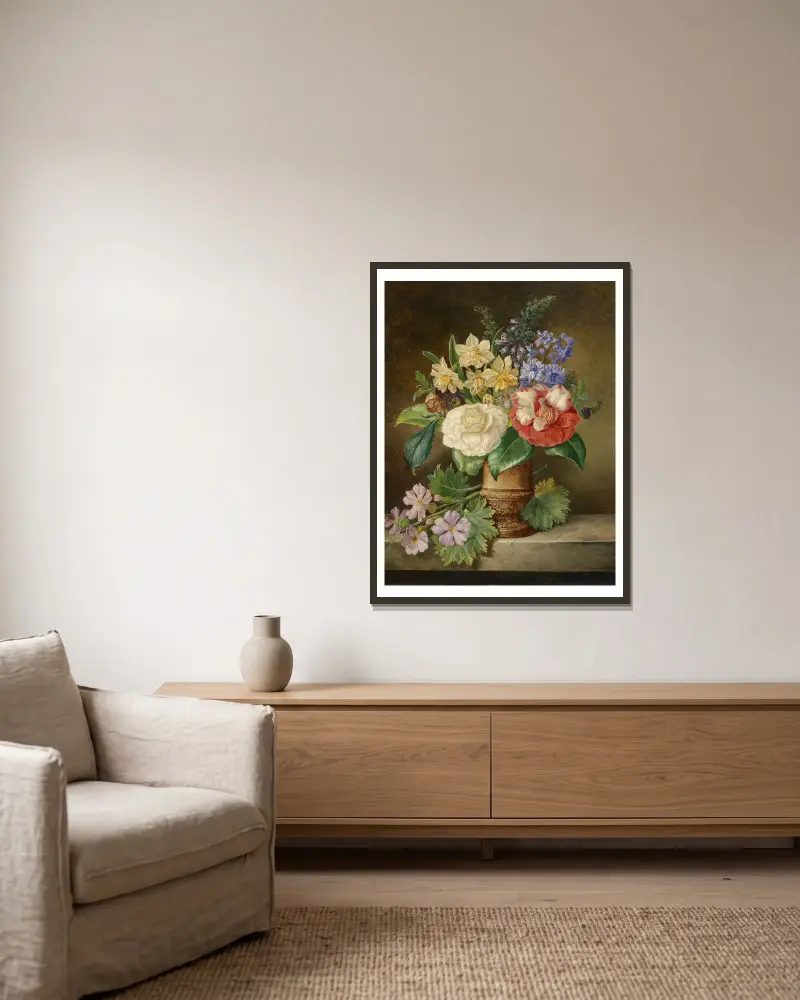 Blumenstillleben mit Narzissen av Franz Xaver Petter inramad på en vägg