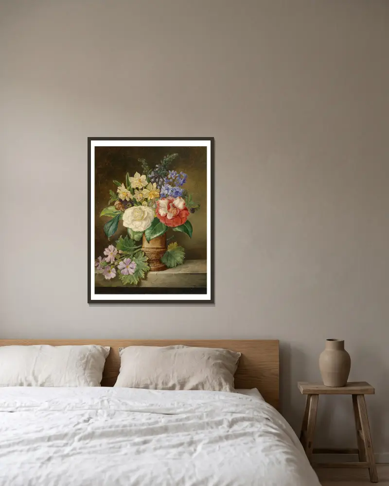 Blumenstillleben mit Narzissen av Franz Xaver Petter inramad på en vägg