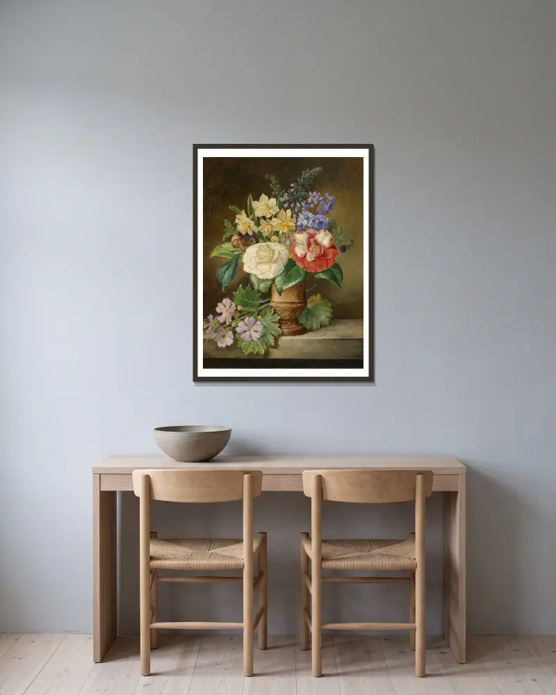 Blumenstillleben mit Narzissen av Franz Xaver Petter inramad på en vägg