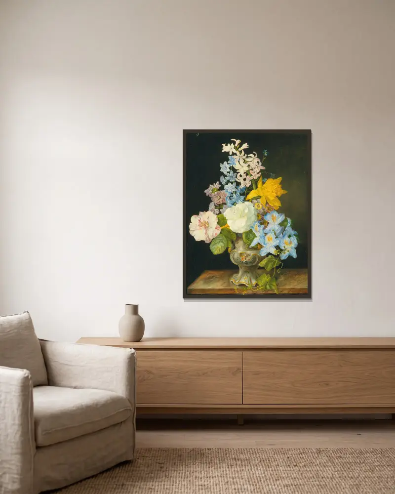 Blomsterbukett i porslinsvas av Franz Xaver Petter inramad på en vägg