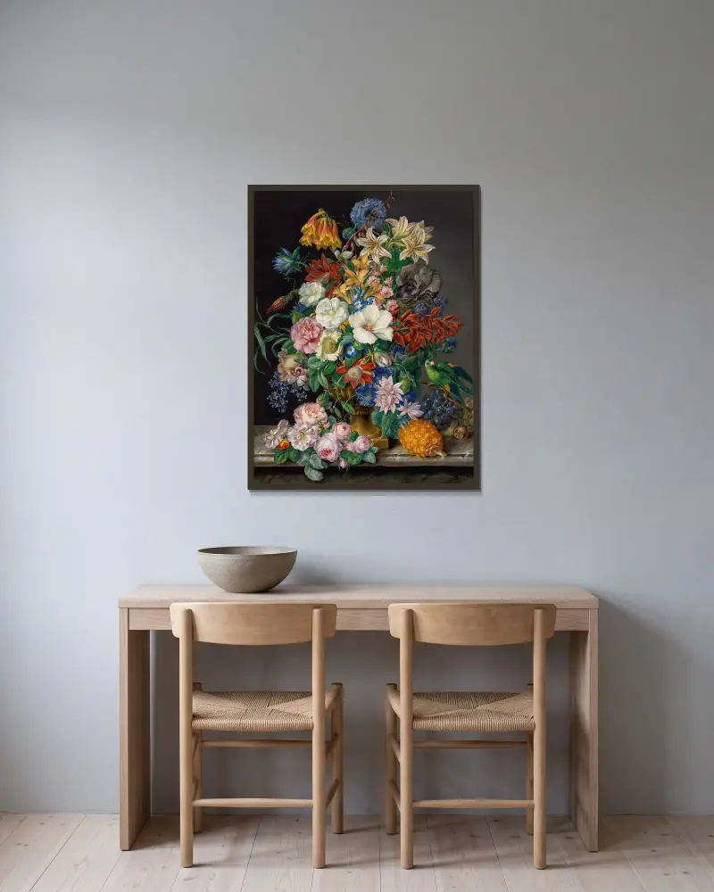 Blumenstück mit Ananas, Weintrauben und Papagei av Franz Xaver Petter inramad på en vägg