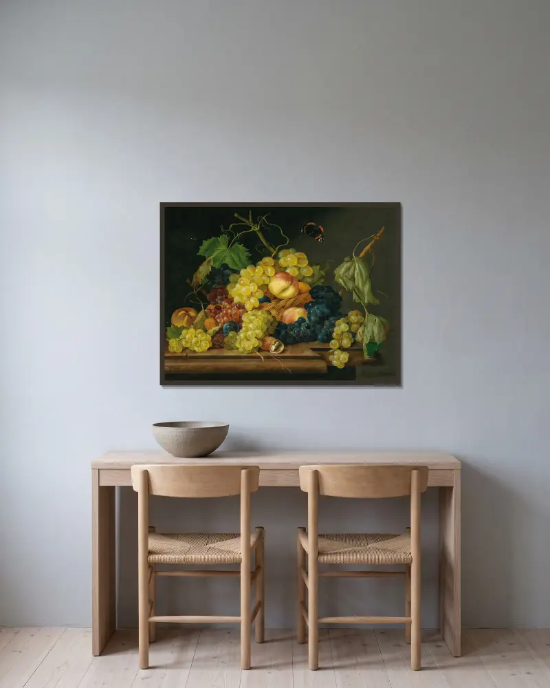 Still Life with Grapes, Peaches and Walnuts av Franz Xaver Petter inramad på en vägg
