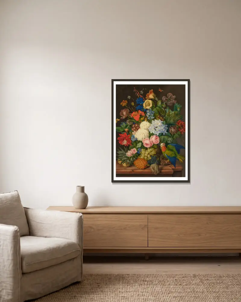 Viburnum Oculus, Roses, Plumbago, Primula Auricula, Hemerocallis, Companula, Chinadoxia and Epiphyllum on a ledge with a Pineapple and a Parrot av Franz Xaver Petter inramad på en vägg