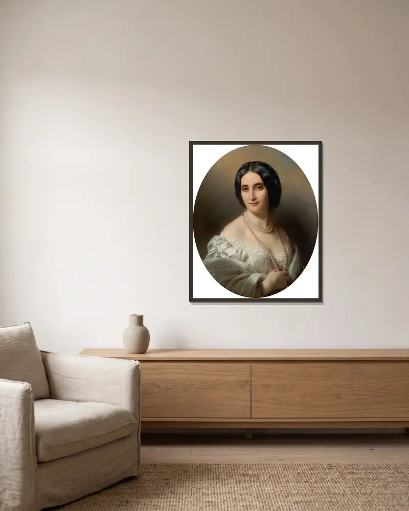 Eugenie, Viscountess Esher, née Mayer (1814-1904) av Franz Xaver Winterhalter inramad på en vägg