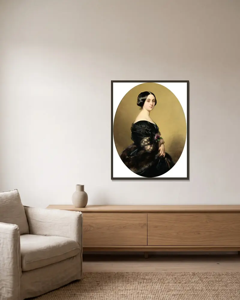 Porträt der Baronin Henri Hottinguer, geborene Caroline Delessert von Franz Xaver Winterhalter gerahmt an einer Wand