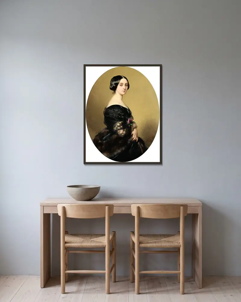 Porträt der Baronin Henri Hottinguer, geborene Caroline Delessert von Franz Xaver Winterhalter gerahmt an einer Wand