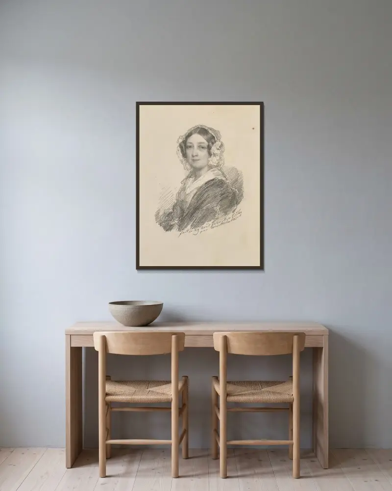 Portrait de Madame Louise Hay, Baronne Gudin av Franz Xaver Winterhalter inramad på en vägg