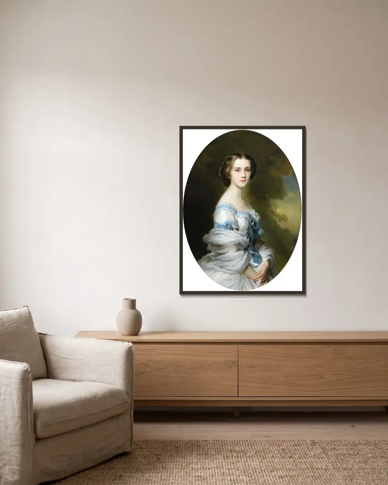 Porträtt av Mélanie de Bussière, grevinna Edmond de Pourtalès av Franz Xaver Winterhalter inramad på en vägg