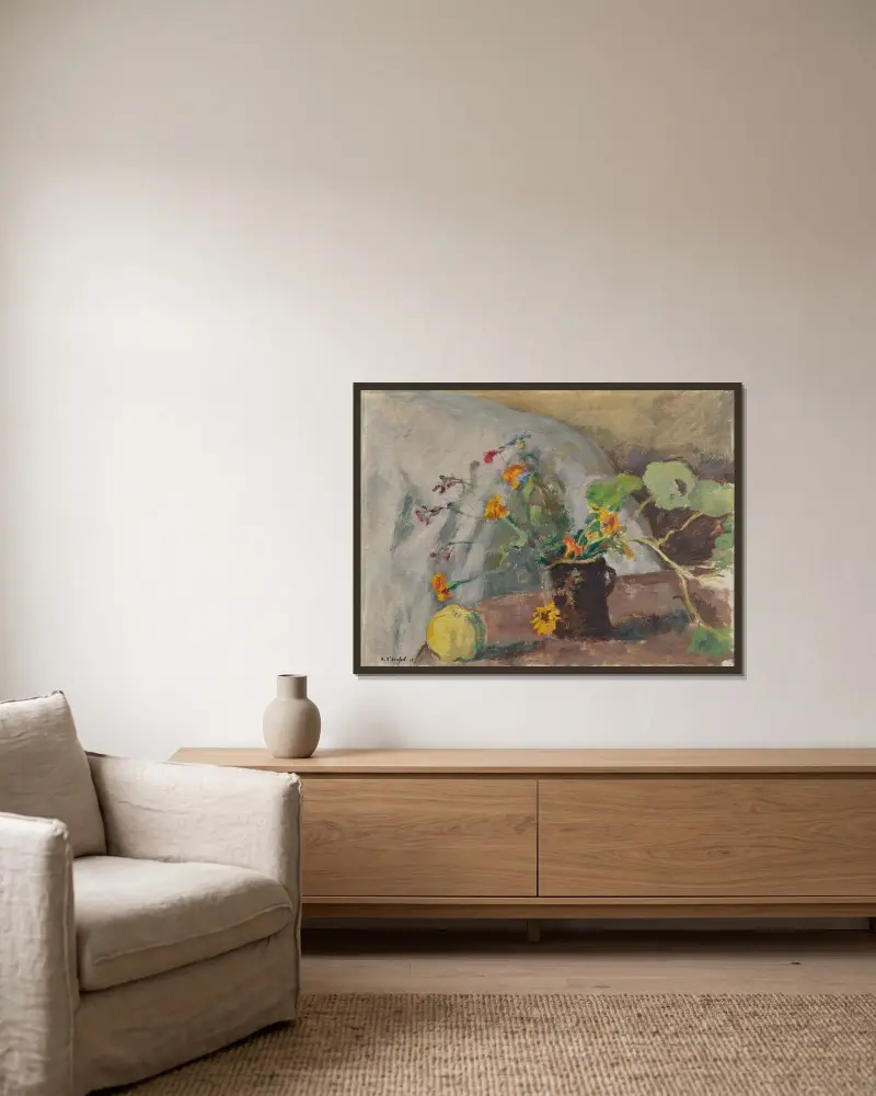 Pomme et bouquet de fleurs av Ker-Xavier Roussel inramad på en vägg
