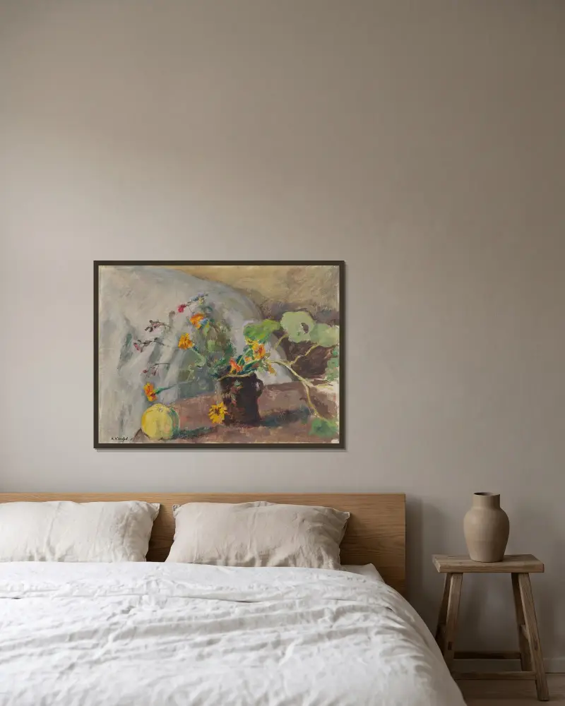 Pomme et bouquet de fleurs av Ker-Xavier Roussel inramad på en vägg