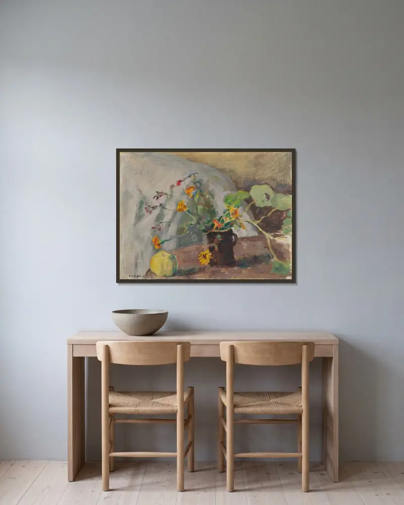 Pomme et bouquet de fleurs av Ker-Xavier Roussel inramad på en vägg