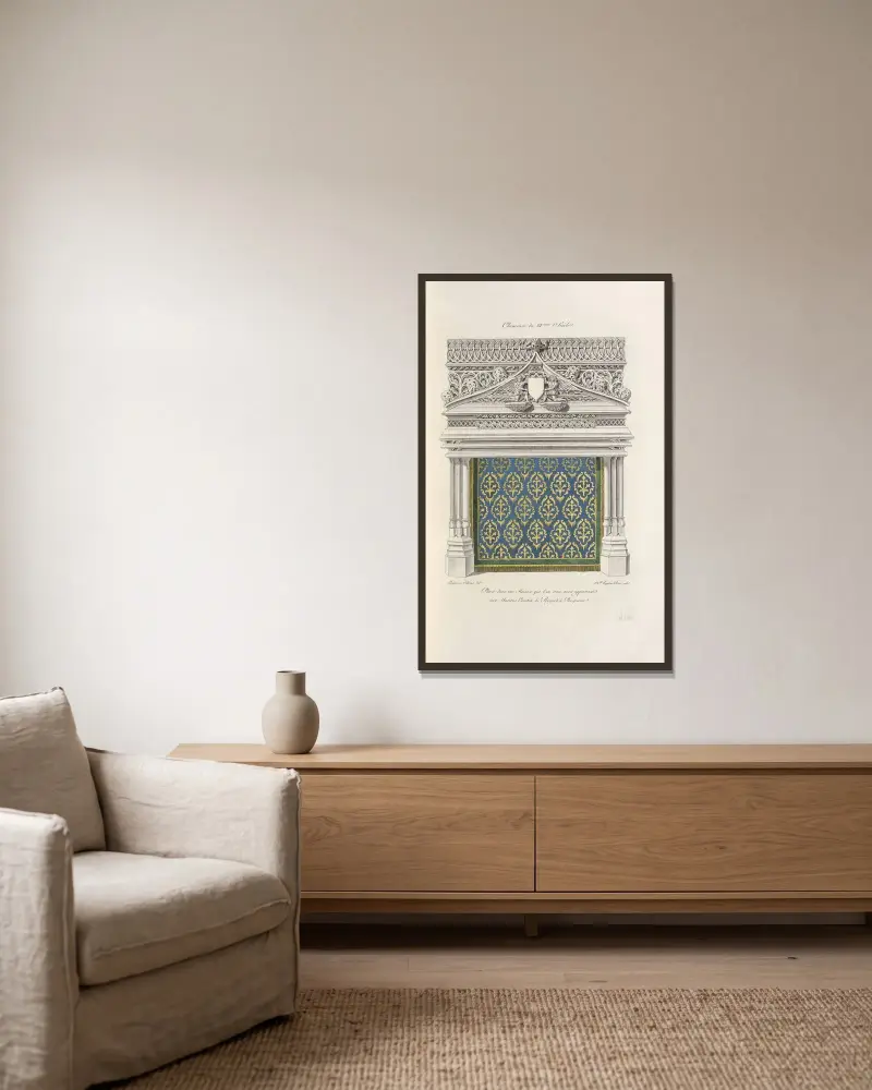 Cheminée du XVeme. siècle. Placée dans une maison que l’on croit avoir appartenue aux anciens comtes de Perigord; à Perigueux. av Nicolas Xavier Willemin inramad på en vägg
