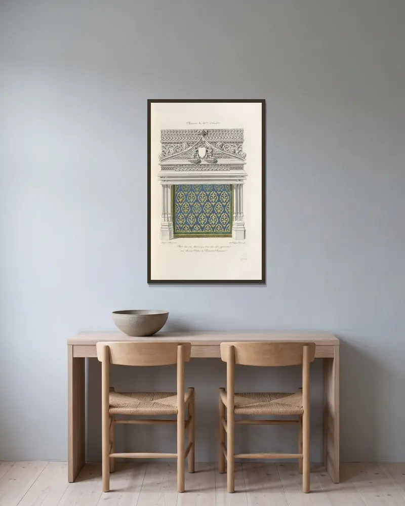 Cheminée du XVeme. siècle. Placée dans une maison que l’on croit avoir appartenue aux anciens comtes de Perigord; à Perigueux. av Nicolas Xavier Willemin inramad på en vägg
