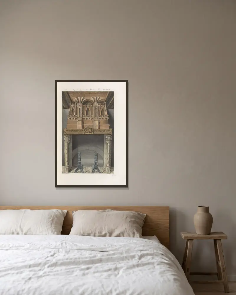 Kaminöffnung aus Ziegel, Holz und Stein aus einem Haus in Rouen von Nicolas Xavier Willemin gerahmt an einer Wand
