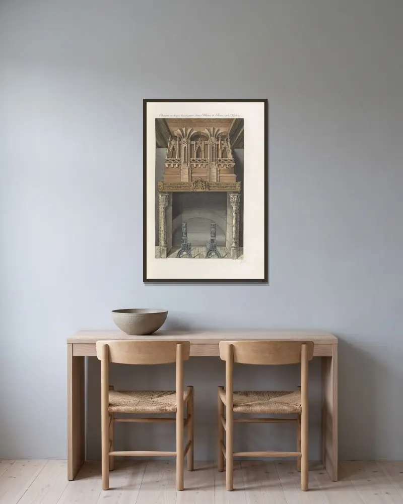 Kaminöffnung aus Ziegel, Holz und Stein aus einem Haus in Rouen von Nicolas Xavier Willemin gerahmt an einer Wand