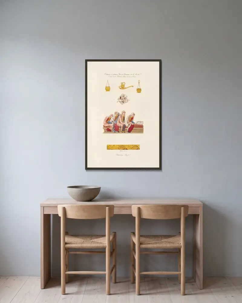 Kvinnodräkter, vaser och ornament från 800-talet. Tagna från Karl II:s, kallad den skallige, bibel. av Nicolas Xavier Willemin inramad på en vägg