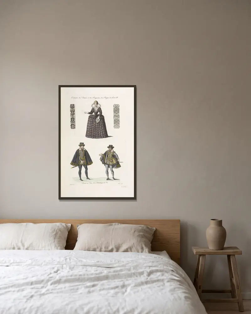 Costumes des dames et des seigneurs, du règne de Henri IV. av Nicolas Xavier Willemin inramad på en vägg