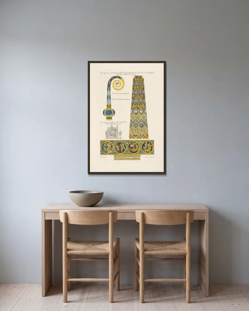 Utveckling av ornament, figurer och inskrifter på Ragenfrois kräkla; biskop av Chartres, omkring år 941. av Nicolas Xavier Willemin inramad på en vägg