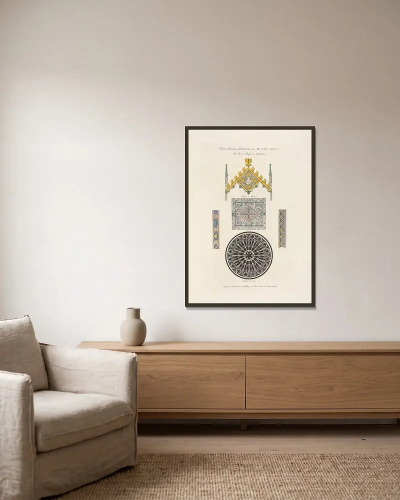 Diverse arkitektoniska ornament från 1200- och 1300-talen av Nicolas Xavier Willemin inramad på en vägg