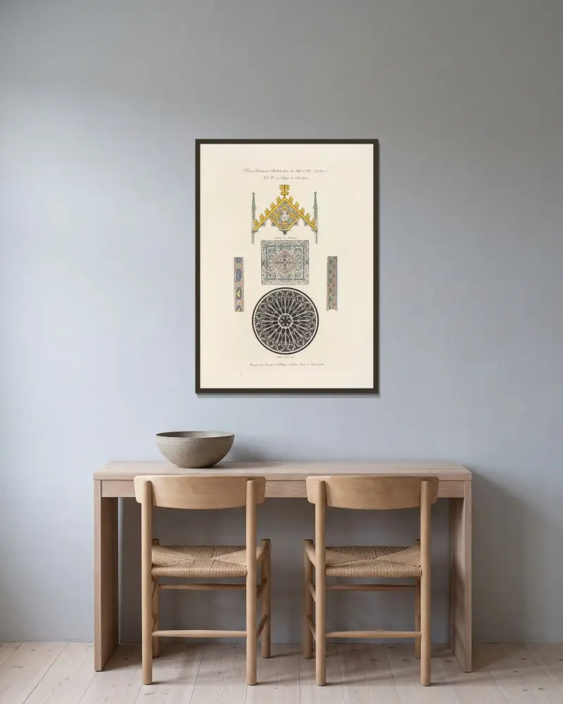 Diverse arkitektoniska ornament från 1200- och 1300-talen av Nicolas Xavier Willemin inramad på en vägg