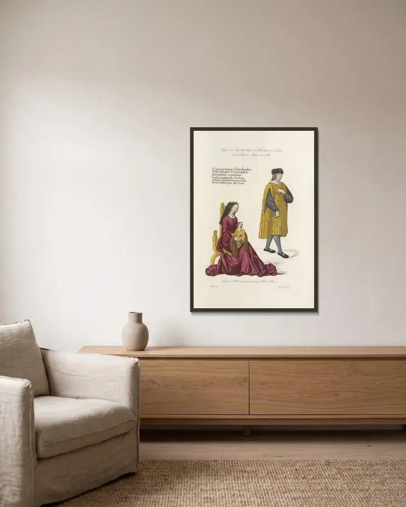Figurer föreställande Ludvig XII, Anne av Bretagne hans hustru och prinsessan Claude deras dotter av Nicolas Xavier Willemin inramad på en vägg
