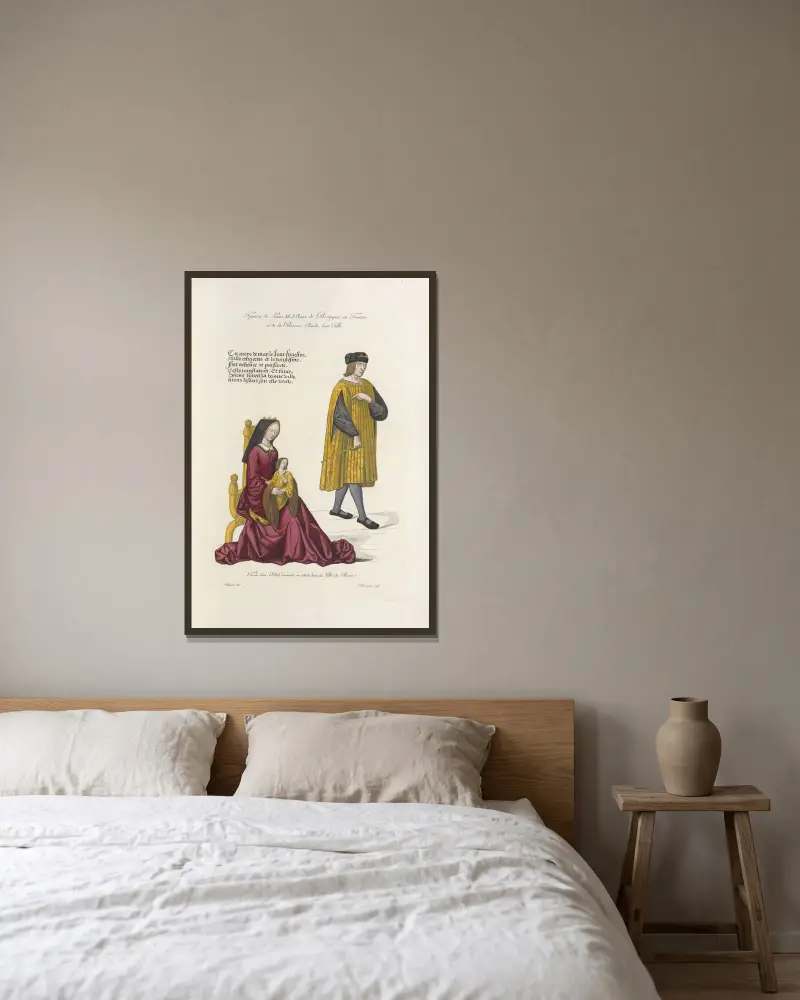 Figurer föreställande Ludvig XII, Anne av Bretagne hans hustru och prinsessan Claude deras dotter av Nicolas Xavier Willemin inramad på en vägg