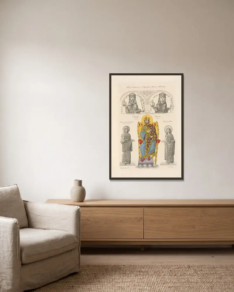 Figuren von Kaisern und einer Kaiserin aus Ost und West von Nicolas Xavier Willemin gerahmt an einer Wand