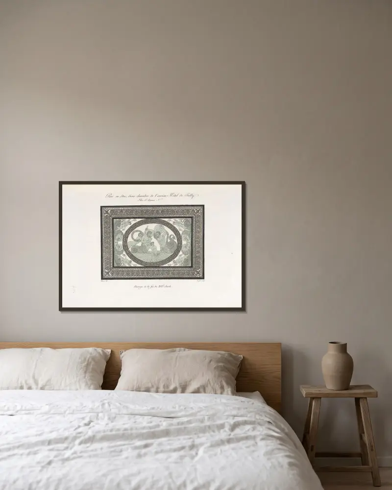 Stuckdecke in einem Saal des alten Hôtel de Sully, Rue St. Antoine von Nicolas Xavier Willemin gerahmt an einer Wand