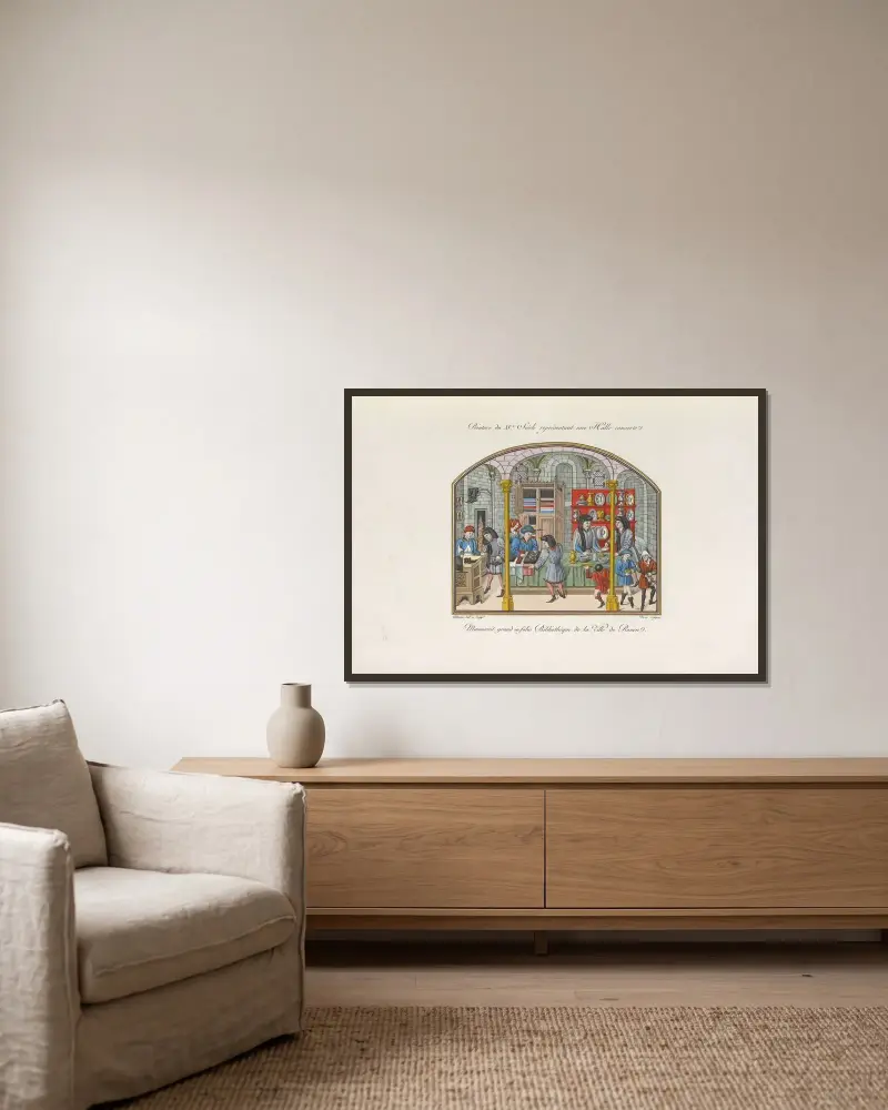 Malerei des 15. Jahrhunderts, eine überdachte Halle darstellend. Großer Infolio-Handschrift aus der Stadtbibliothek von Rouen von Nicolas Xavier Willemin gerahmt an einer Wand